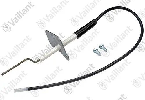 Vaillant Elektrode mit einem gebogenen Metallteil, einem weißen Kunststoffkörper und einem Anschlusskabel, begleitet von zwei Schrauben zur Befestigung.